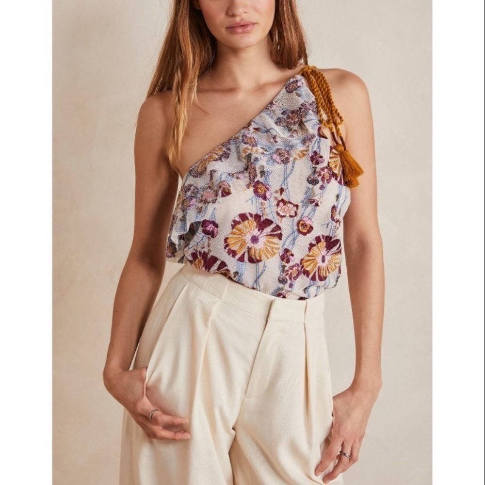 Free People Floral One-Shoulder Bodysuit - Purple and Gold